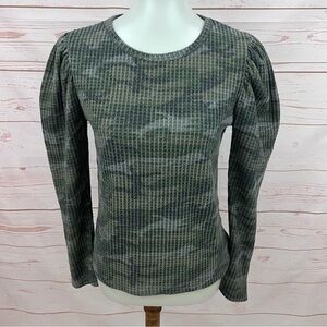 Good Luck Gem Puffy Sleeve Waffle Weave Thermal Camo Camouflage Pullover Top